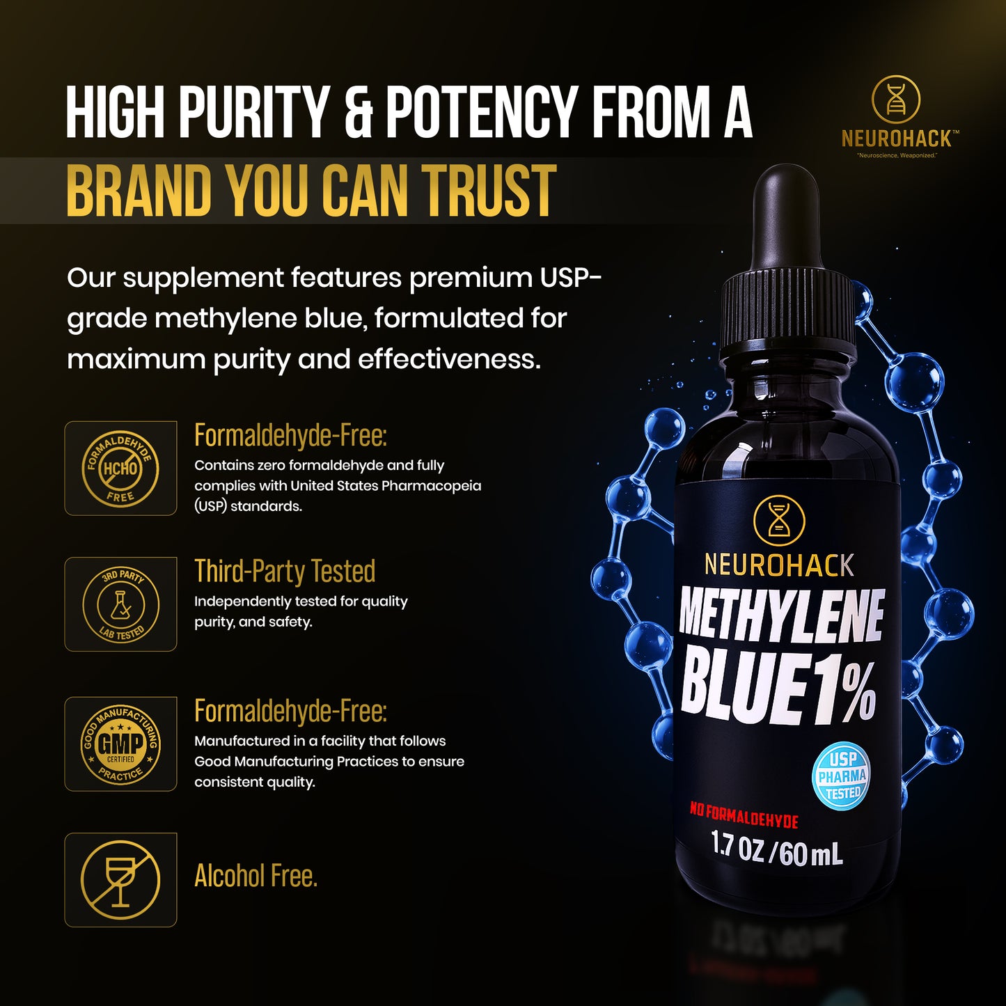Methylene Blue 1% Solution 60ml | USP Pharma Grade | Formaldehyde Free | Third Party Tested | Non GMO | Allergen Free | BSE/TSE Free
