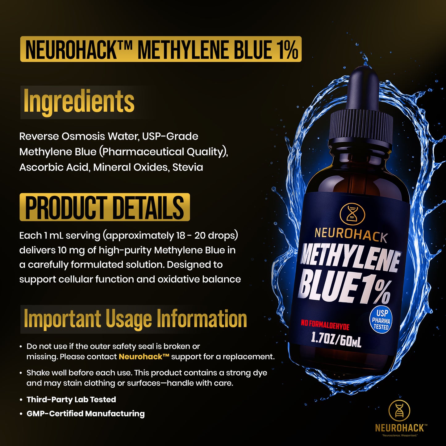 Methylene Blue 1% Solution 60ml | USP Pharma Grade | Formaldehyde Free | Third Party Tested | Non GMO | Allergen Free | BSE/TSE Free