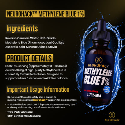 Methylene Blue 1% Solution 60ml | USP Pharma Grade | Formaldehyde Free | Third Party Tested | Non GMO | Allergen Free | BSE/TSE Free
