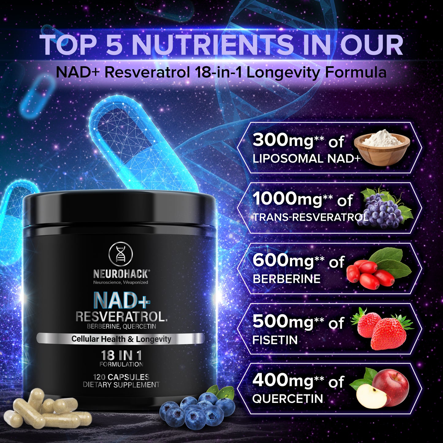 NAD+ Resveratrol Berberine And Quercetin 18-in-1 Formulation