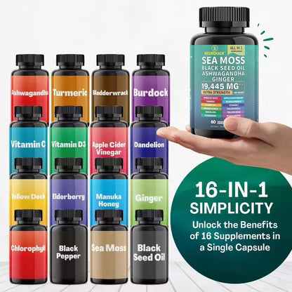 Sea Moss & Black Seed Oil Capsules – 19,445mg Superfood Blend | Ashwagandha, Elderberry, Turmeric, Apple Cider Vinegar & More | Immune Support, Energy, Gut Health, Skin & Stress Relief