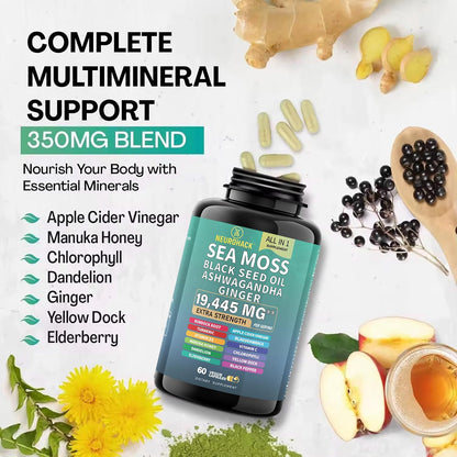 Sea Moss & Black Seed Oil Capsules – 19,445mg Superfood Blend | Ashwagandha, Elderberry, Turmeric, Apple Cider Vinegar & More | Immune Support, Energy, Gut Health, Skin & Stress Relief