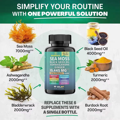 Sea Moss & Black Seed Oil Capsules – 19,445mg Superfood Blend | Ashwagandha, Elderberry, Turmeric, Apple Cider Vinegar & More | Immune Support, Energy, Gut Health, Skin & Stress Relief