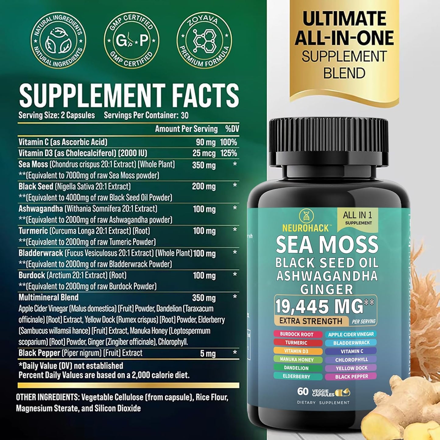 Sea Moss & Black Seed Oil Capsules – 19,445mg Superfood Blend | Ashwagandha, Elderberry, Turmeric, Apple Cider Vinegar & More | Immune Support, Energy, Gut Health, Skin & Stress Relief