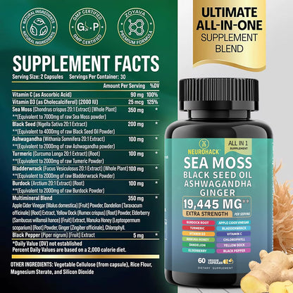 Sea Moss & Black Seed Oil Capsules – 19,445mg Superfood Blend | Ashwagandha, Elderberry, Turmeric, Apple Cider Vinegar & More | Immune Support, Energy, Gut Health, Skin & Stress Relief